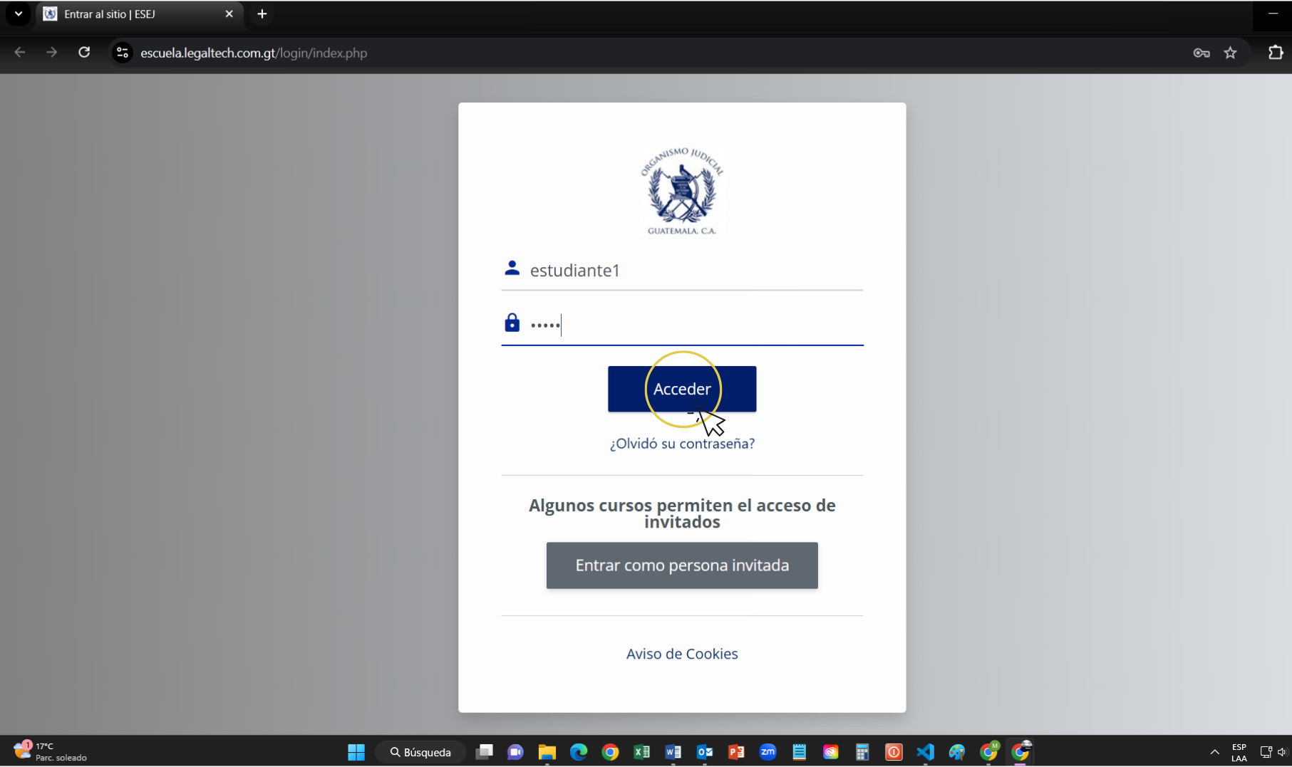 Ventana de acceso Moodle